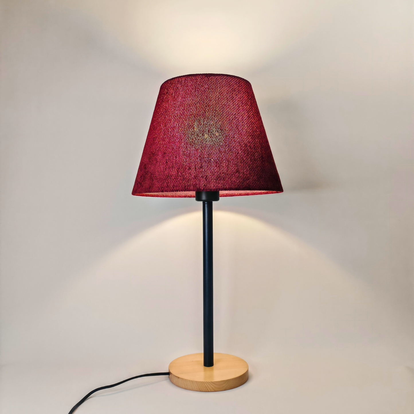 Modern Table Lamp with Wooden Base and Burgundy Shade – Stylish Bedside & Desk Lighting E27