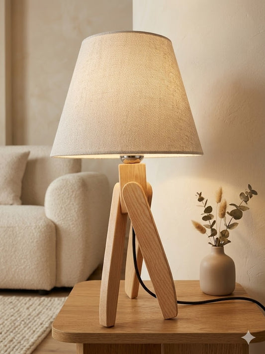 Modern Wooden Table Lamp with Beige Shade – Warm Bedside & Desk Lighting E27