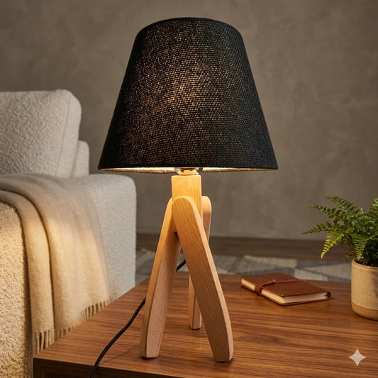 Modern Wooden Table Lamp with Black Shade – Stylish Bedside & Desk Lighting E27