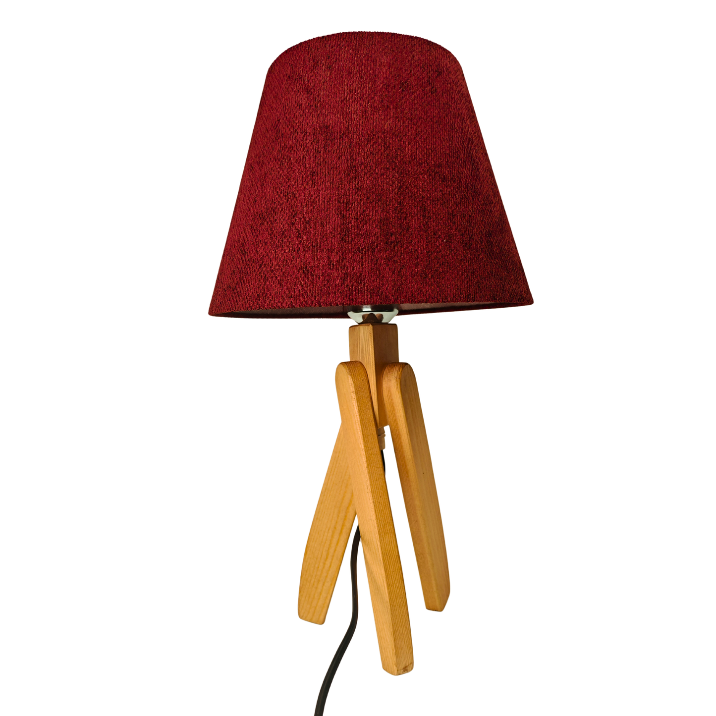 Modern Wooden Table Lamp with Burgundy Shade – Warm Bedside & Desk Lighting E27