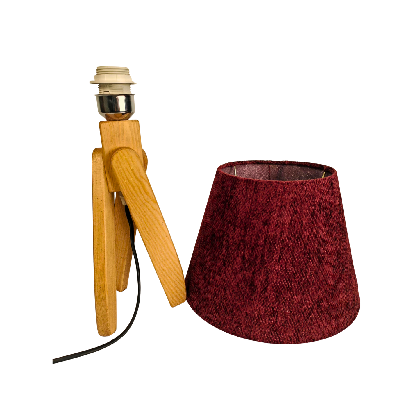 Modern Wooden Table Lamp with Burgundy Shade – Warm Bedside & Desk Lighting E27
