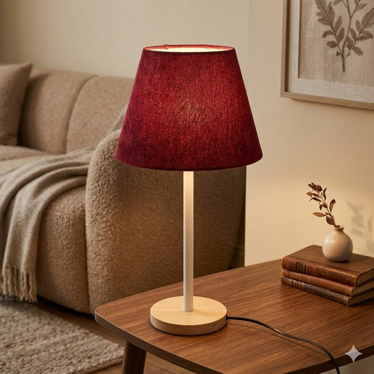 Modern White Table Lamp with Wooden Base and Burgundy Shade – Elegant Bedside & Desk Lighting E27