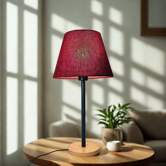 Modern Table Lamp with Wooden Base and Burgundy Shade – Stylish Bedside & Desk Lighting E27