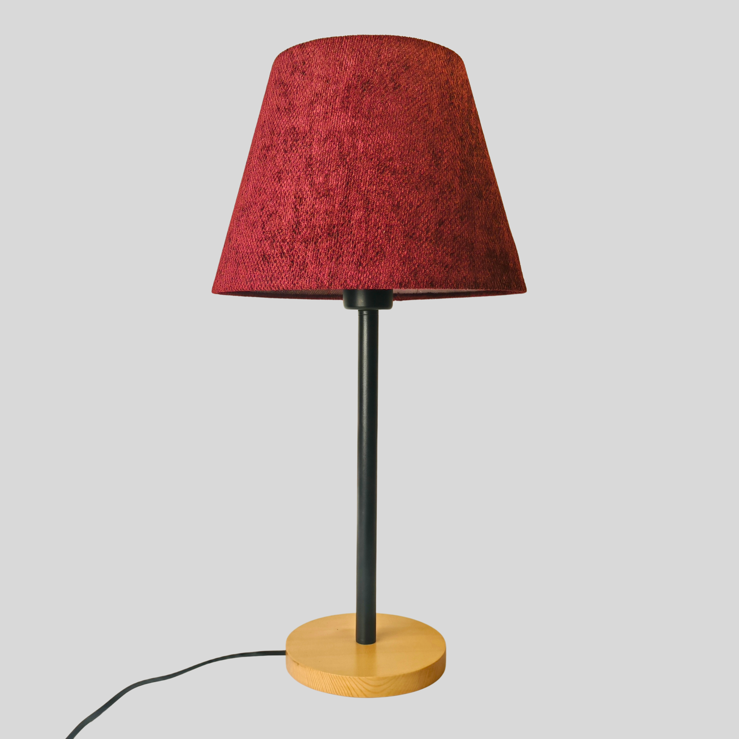 Modern Table Lamp with Wooden Base and Burgundy Shade – Stylish Bedside & Desk Lighting E27