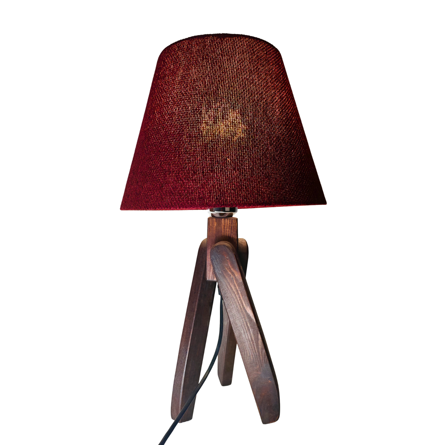 Modern Wooden Table Lamp with Burgundy Shade – Warm Bedside & Desk Lighting E27