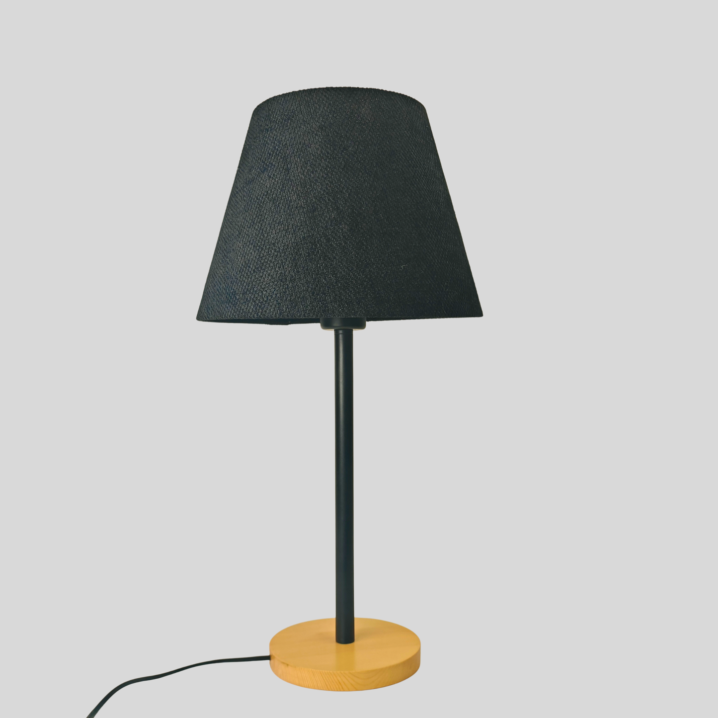 Modern Table Lamp with Wooden Base & Black Shade – E27 Desk Light for Bedroom & Living Room