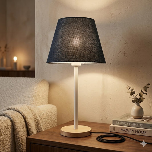 Modern White Table Lamp with Black Shade – Stylish Bedside & Desk Lighting E27