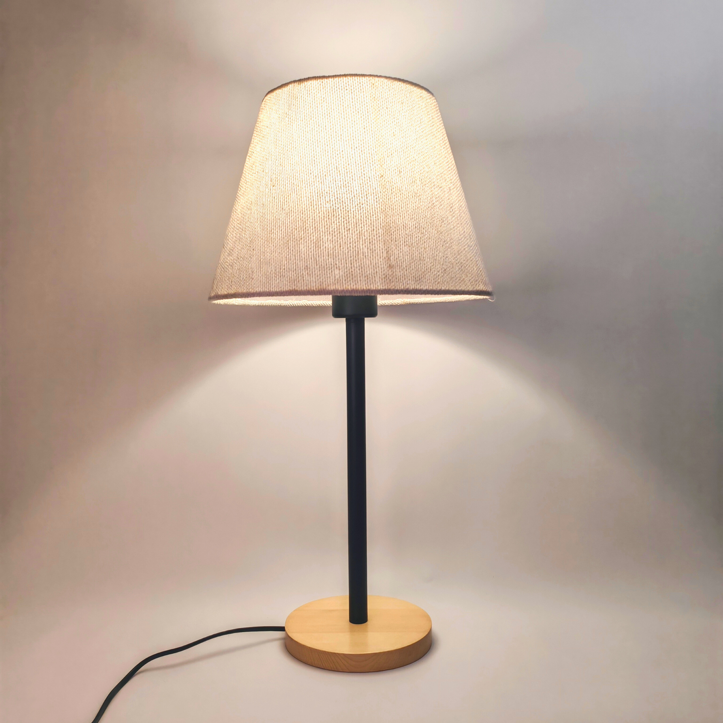 Modern Table Lamp with Wooden Base and Beige Shade – Elegant Bedside & Desk Lighting E27