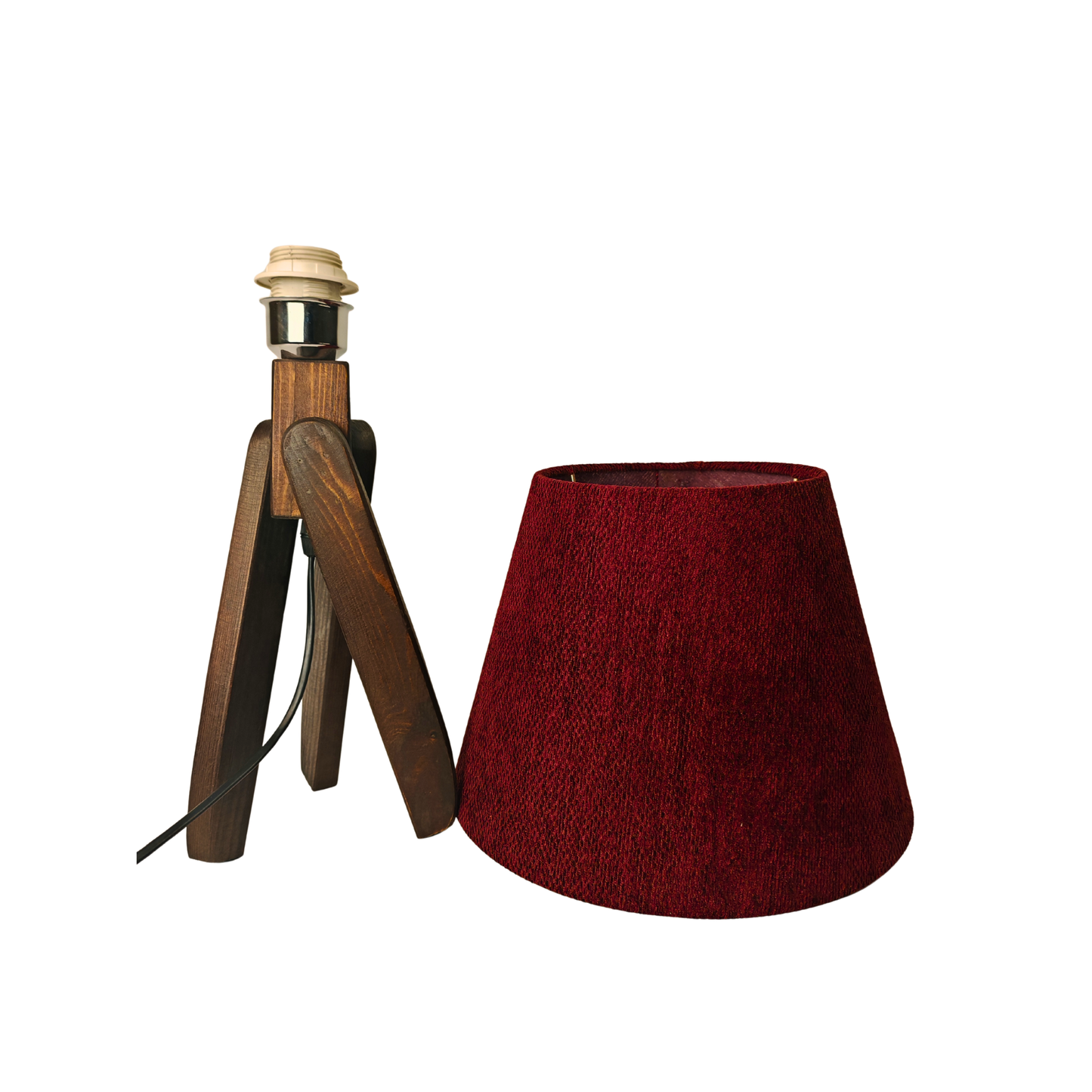 Modern Wooden Table Lamp with Burgundy Shade – Warm Bedside & Desk Lighting E27