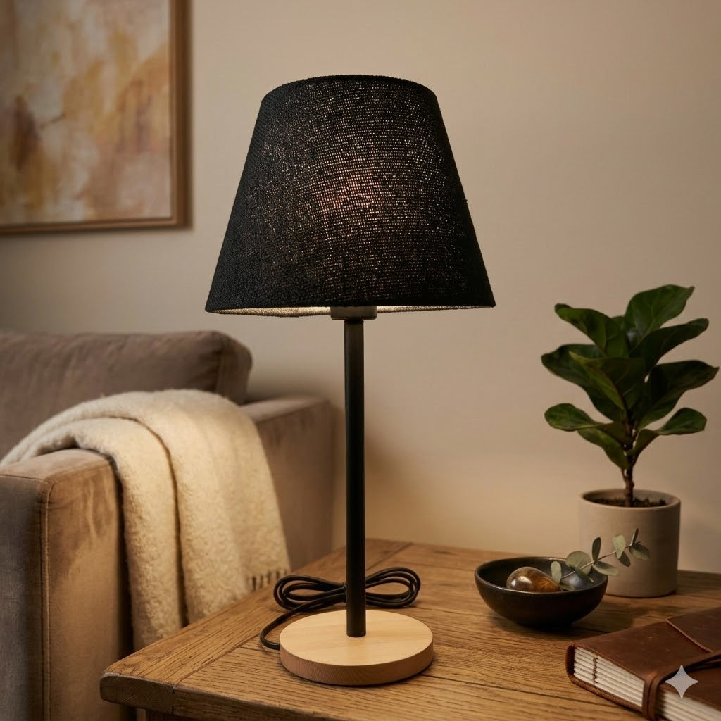 Modern Table Lamp with Wooden Base & Black Shade – E27 Desk Light for Bedroom & Living Room