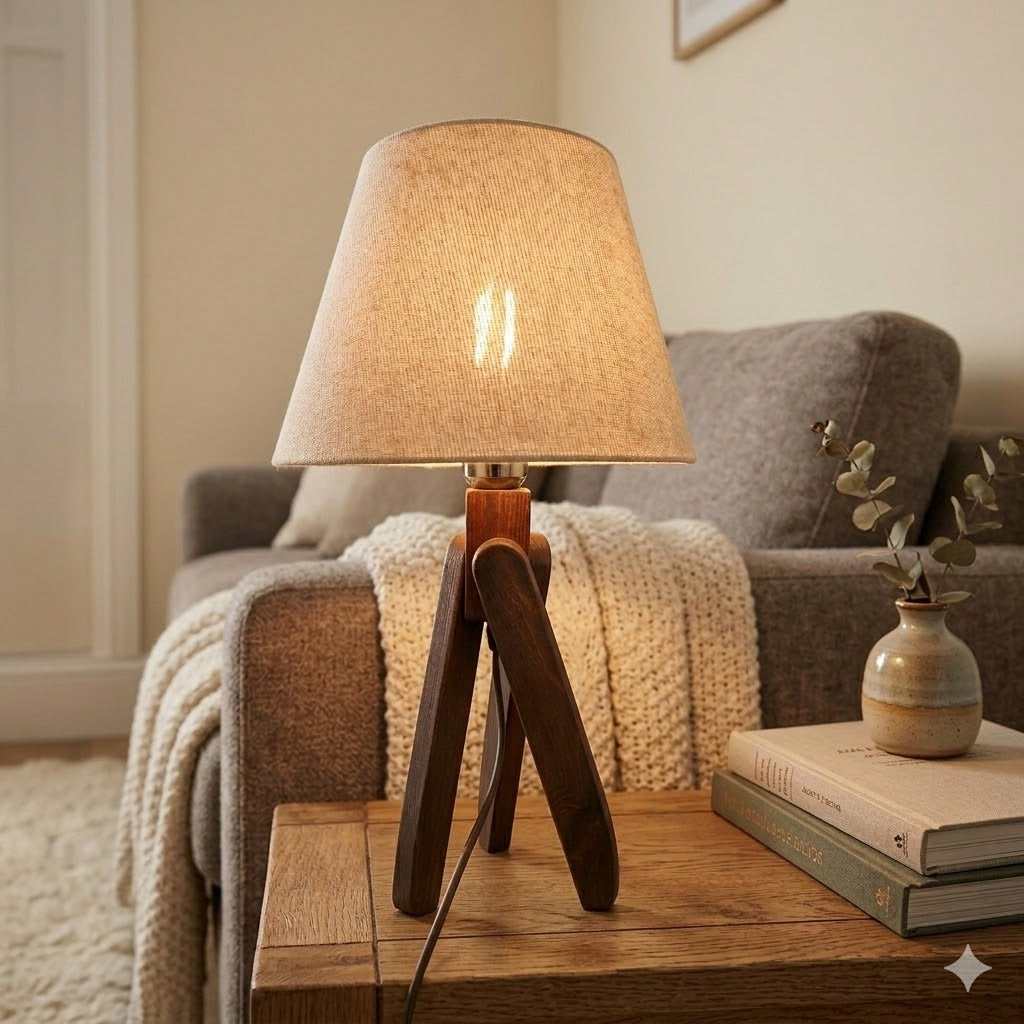 Modern Wooden Table Lamp with Black Shade – Stylish Bedside & Desk Lighting E27