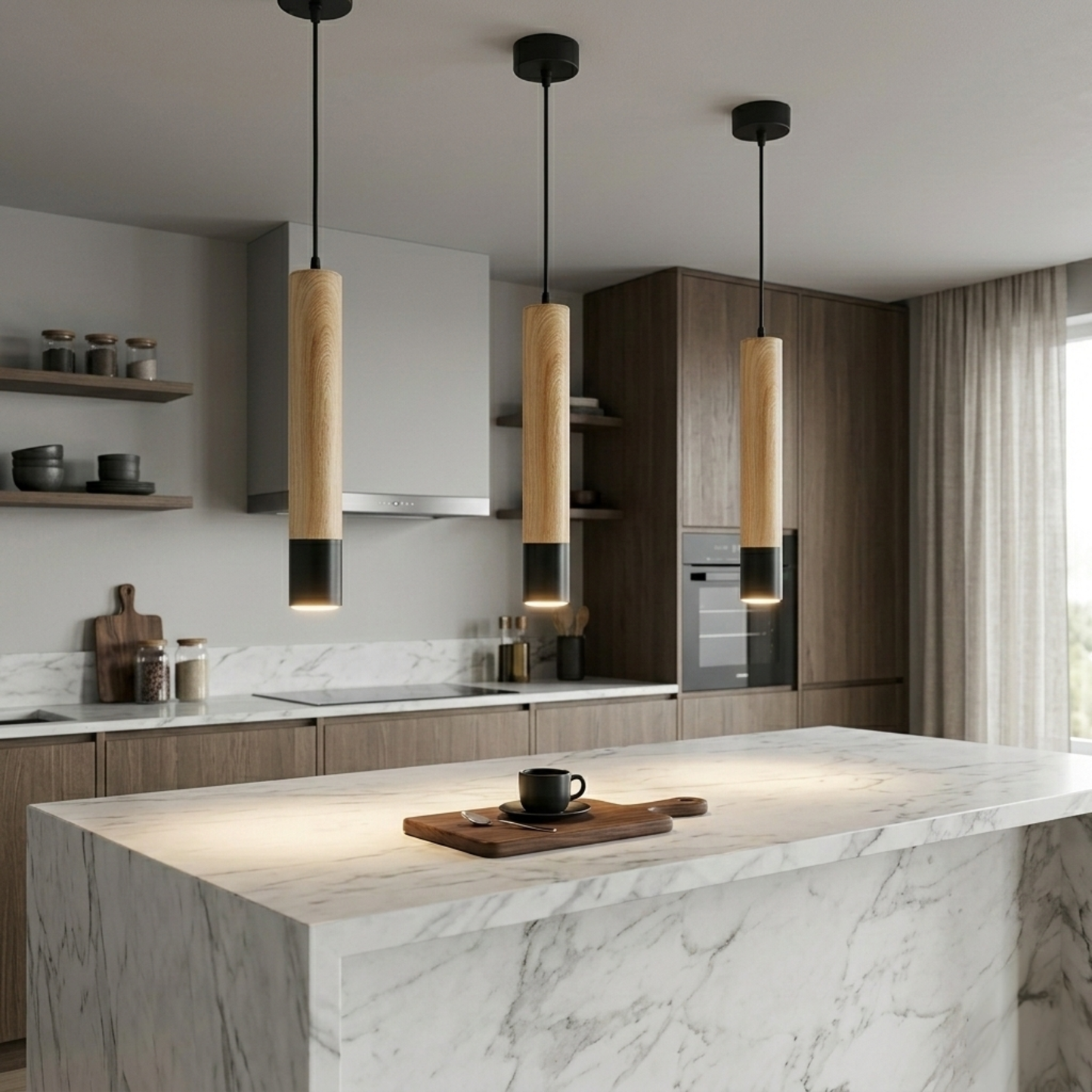 Modern Wood & Black Pendant Spot Light MR16 Hanging Cylinder Light