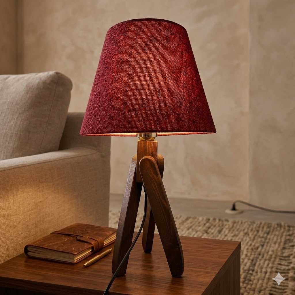 Modern Wooden Table Lamp with Burgundy Shade – Warm Bedside & Desk Lighting E27
