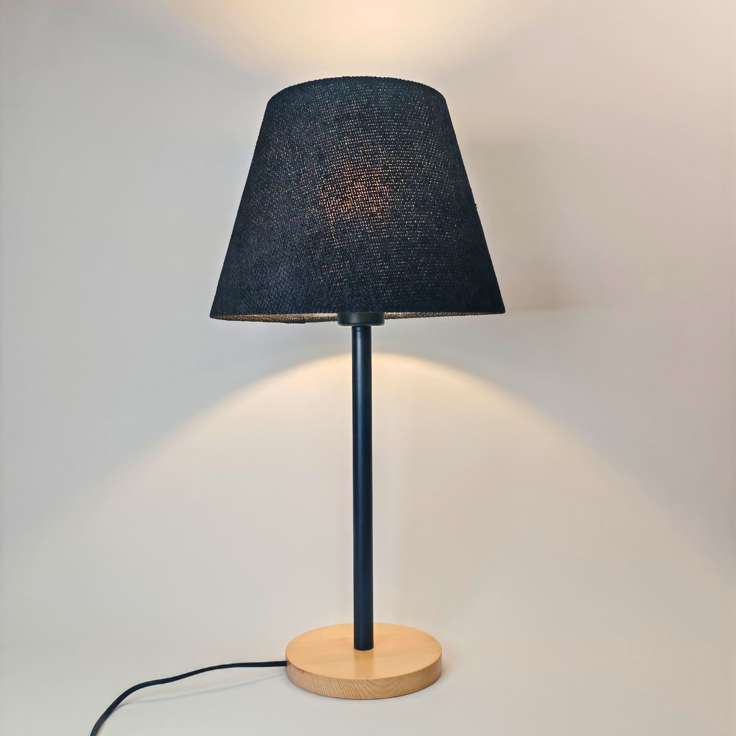 Modern Table Lamp with Wooden Base & Black Shade – E27 Desk Light for Bedroom & Living Room