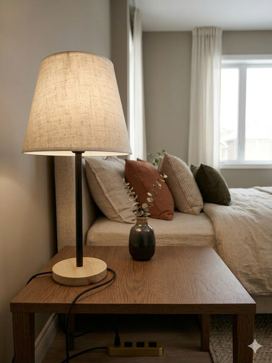 Modern Black Table Lamp E27 Metal with Wooden Base Bedside Decorative Lamp