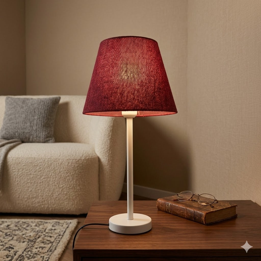 Modern White Table Lamp with Burgundy Shade & Adjustable Spotlight – Flexible Bedside & Desk Lighting E27