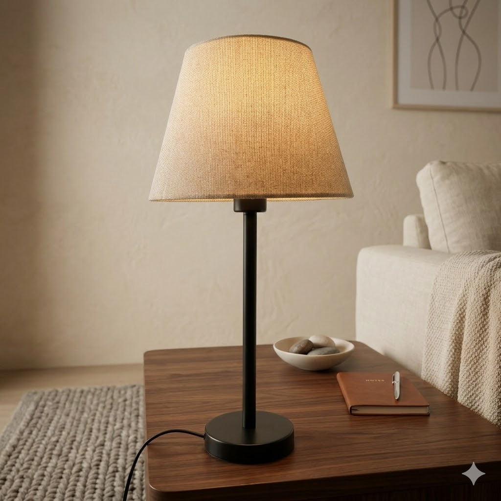 Modern Black Table Lamp with Beige Shade – Elegant Bedside & Desk Lighting E27