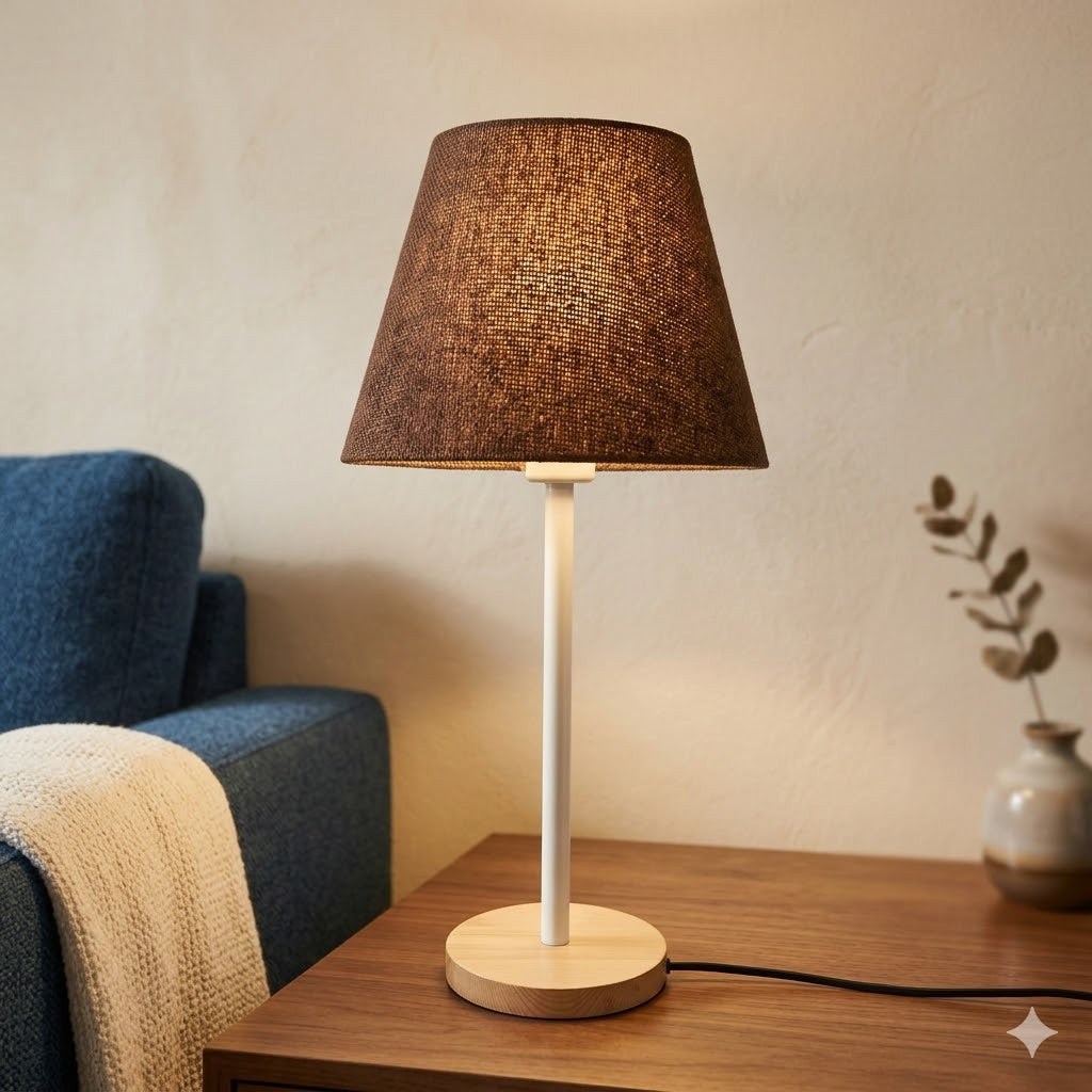 Modern White Table Lamp with Wooden Base and Coffee Shade – Elegant Bedside & Desk Lighting E27