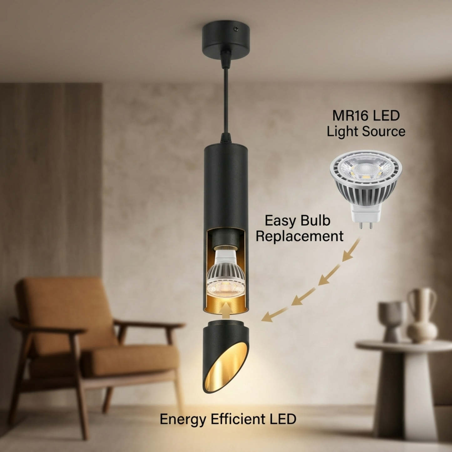 Modern Black Pendant Spot Light MR16 Hanging Cylinder Light