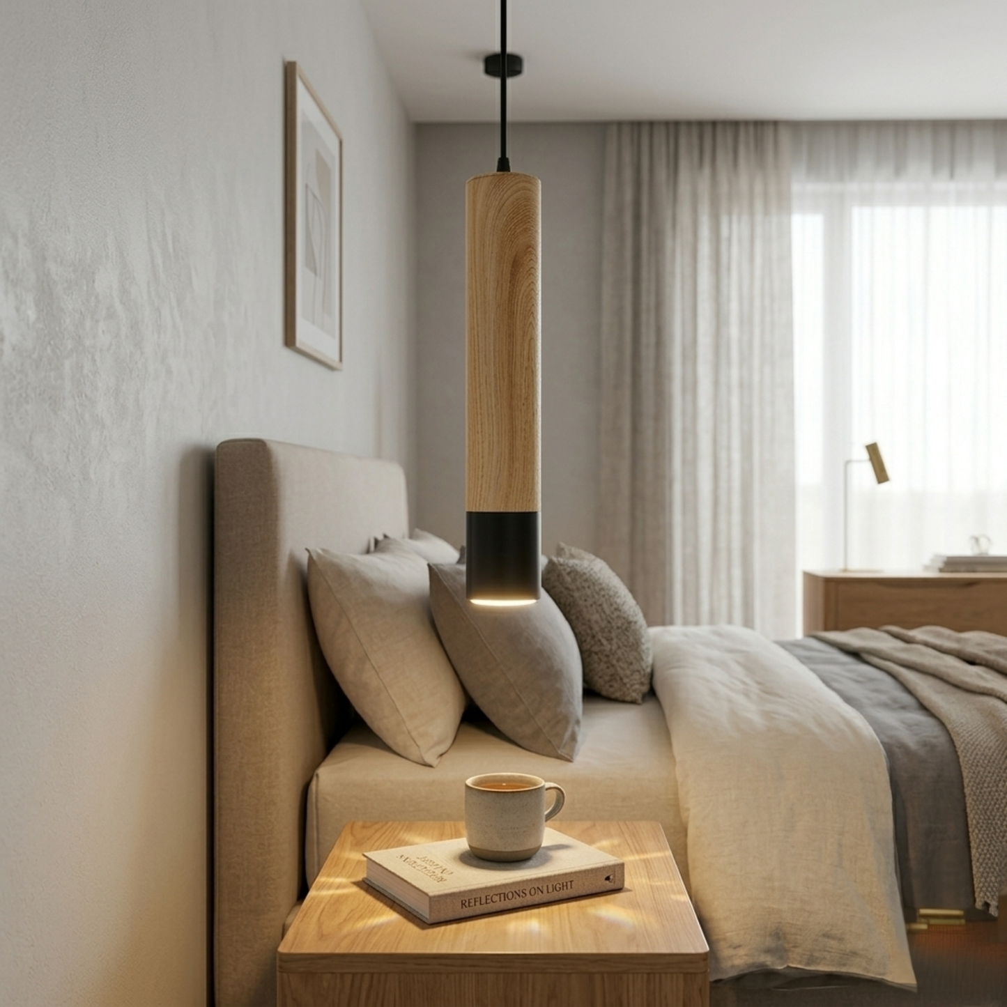 Modern Wood & Black Pendant Spot Light MR16 Hanging Cylinder Light