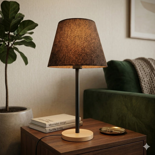 Modern Table Lamp with Wooden Base and Coffee Shade – Stylish Bedside & Desk Lighting E27