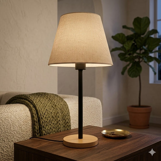 Modern Table Lamp with Wooden Base and Beige Shade – Elegant Bedside & Desk Lighting E27