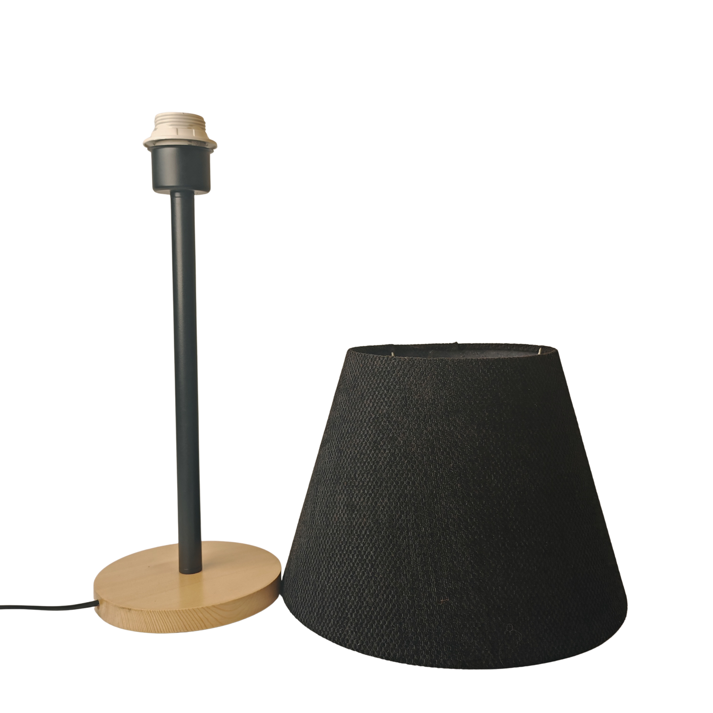 Modern Table Lamp with Wooden Base & Black Shade – E27 Desk Light for Bedroom & Living Room