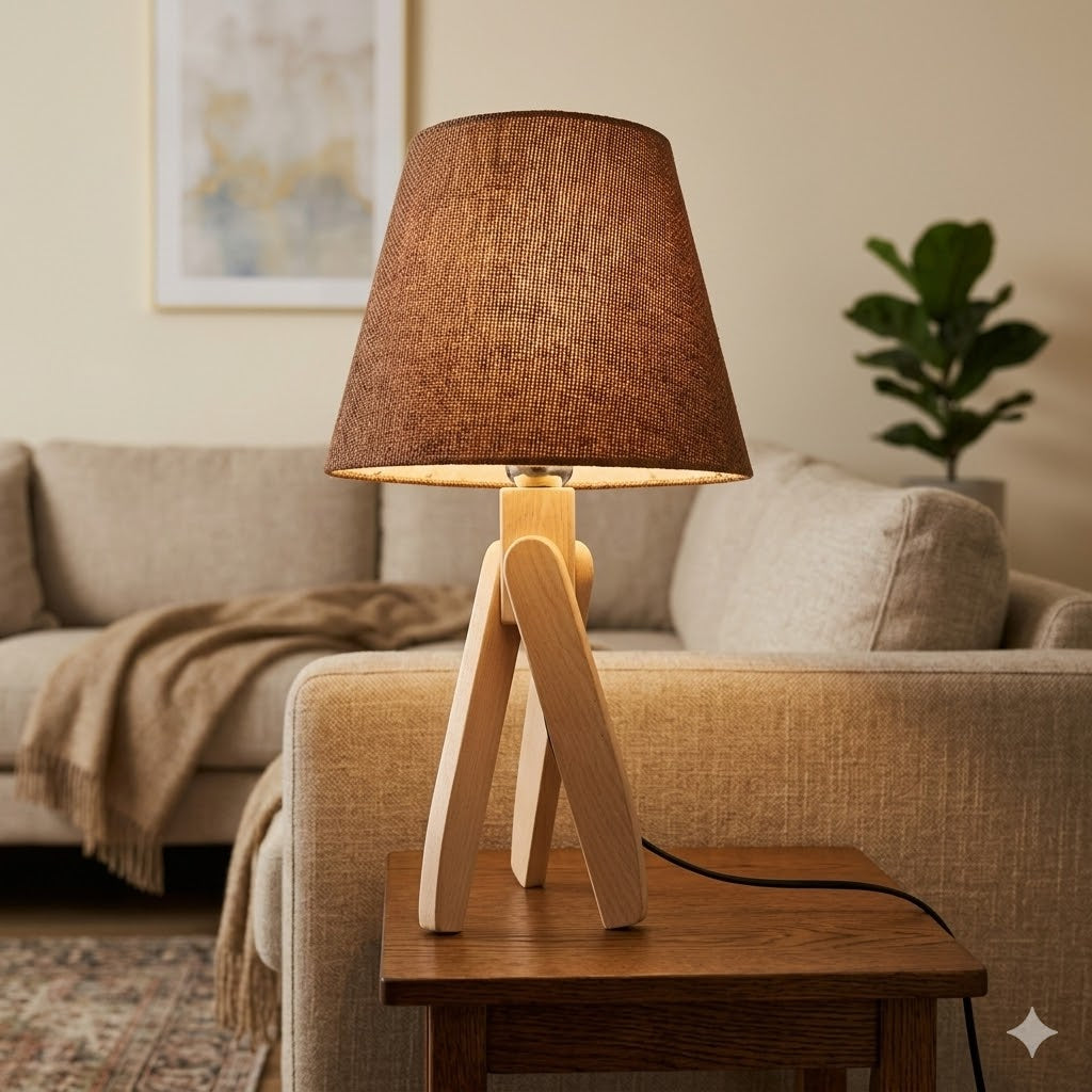 Modern Wooden Table Lamp with Coffee Shade – Natural Bedside & Desk Lighting E27