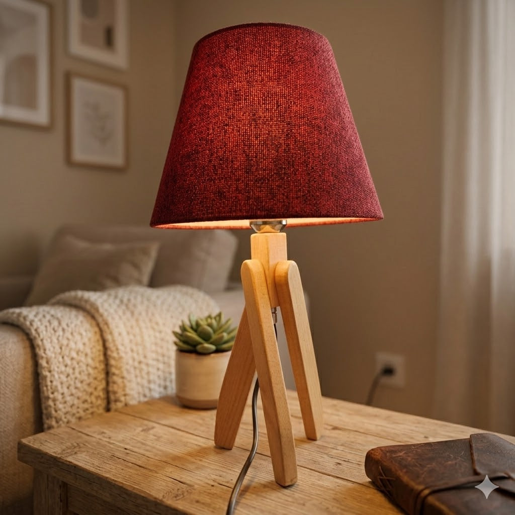 Modern Wooden Table Lamp with Burgundy Shade – Warm Bedside & Desk Lighting E27