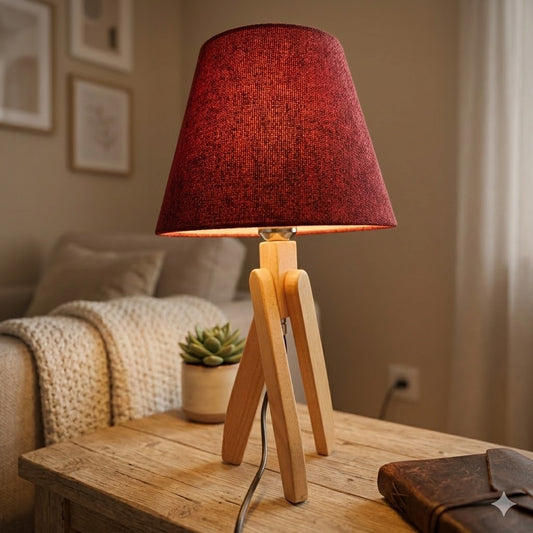 Modern Wooden Table Lamp with Burgundy Shade – Warm Bedside & Desk Lighting E27